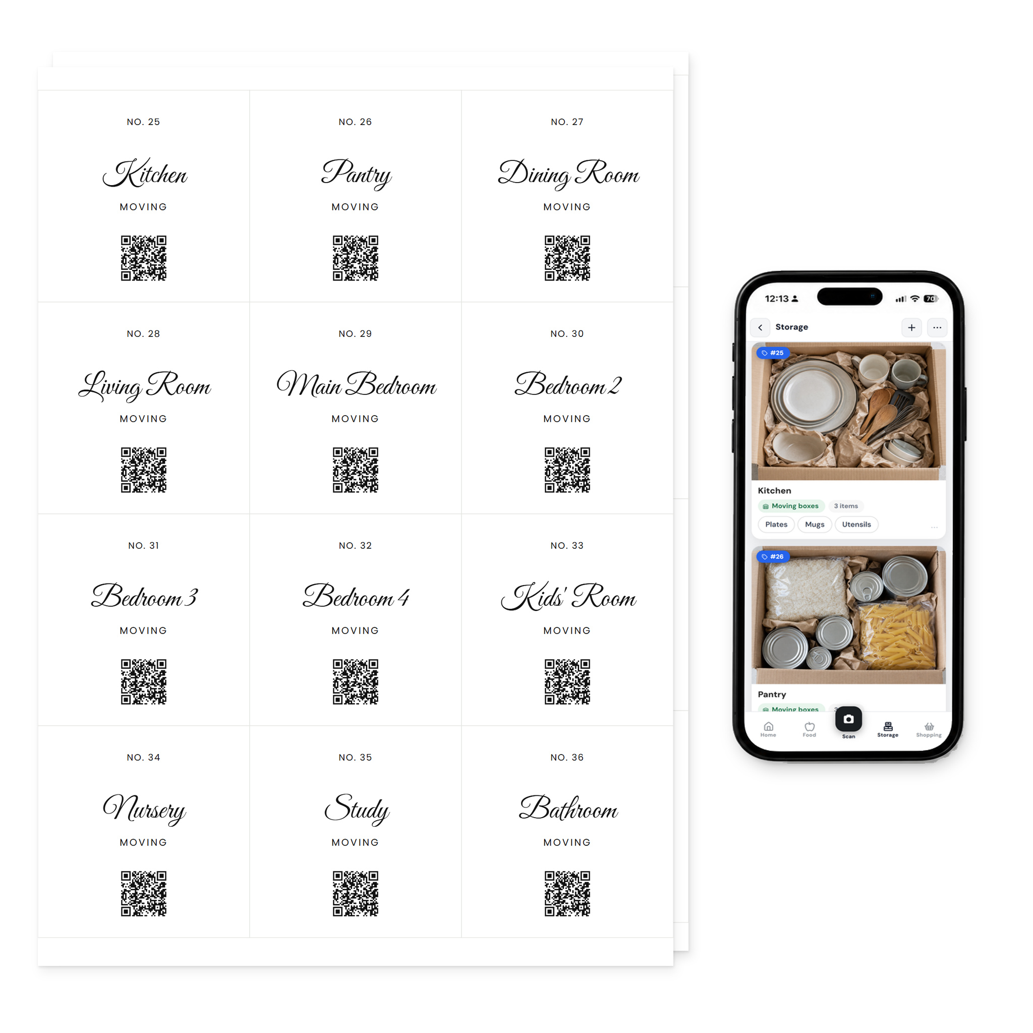 QR Pantry Smart Storage Labels, Moving House, Saint Tropez Collection: two sheets of 12 labels beside a phone showing the QR Pantry app