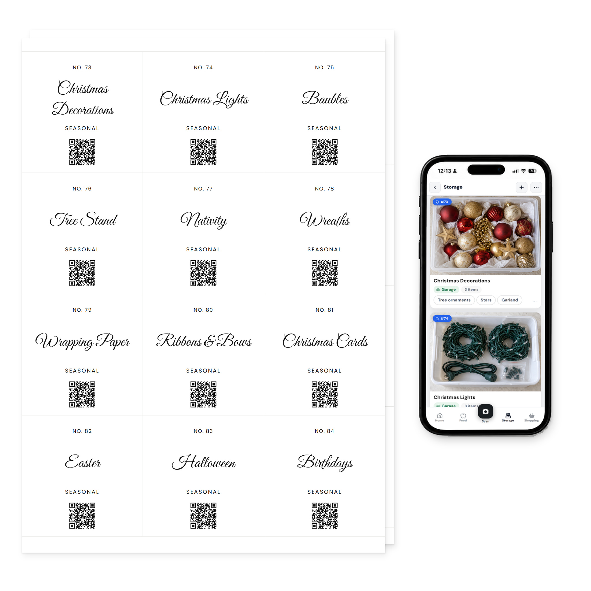 QR Pantry Smart Storage Labels, Seasonal, Saint Tropez Collection: two sheets of 12 labels beside a phone showing the QR Pantry app