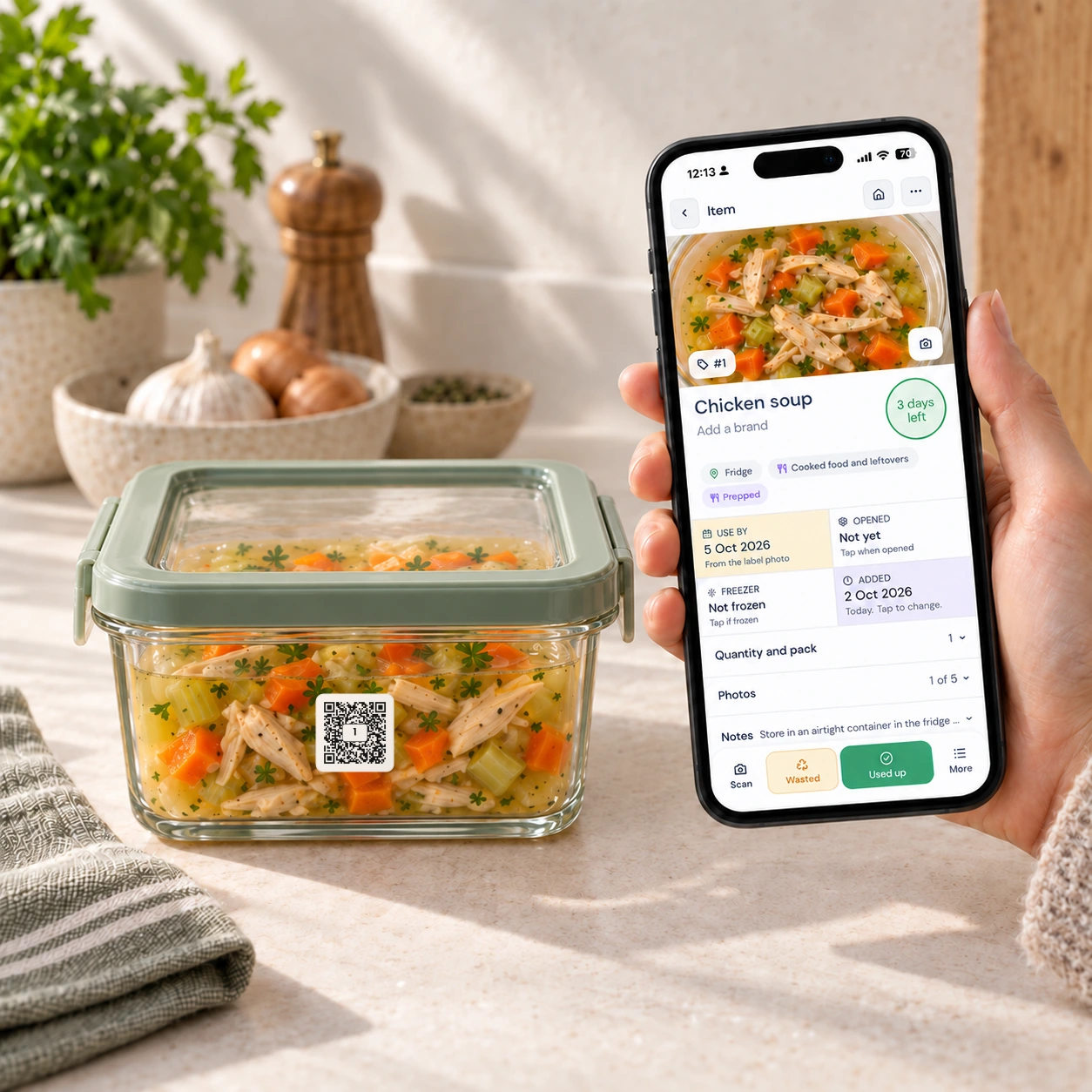 A phone held beside a labelled meal prep container, showing the meal saved to its label