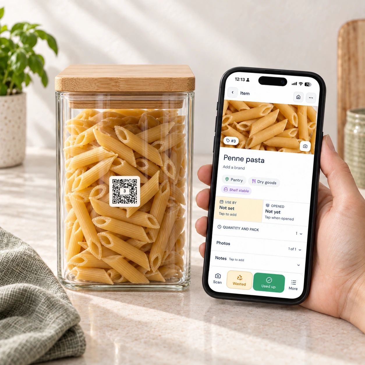 A phone showing the details saved to a labelled jar of penne