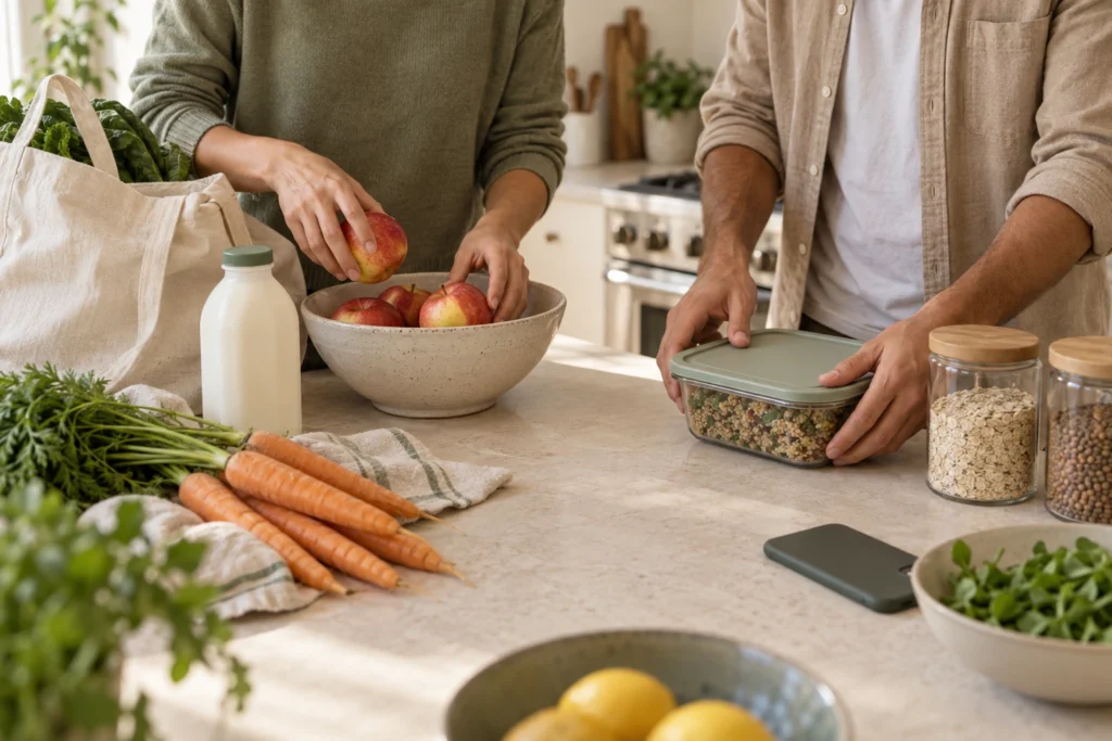 Two adults unpacking groceries together beside food containers, pantry jars and a phone.