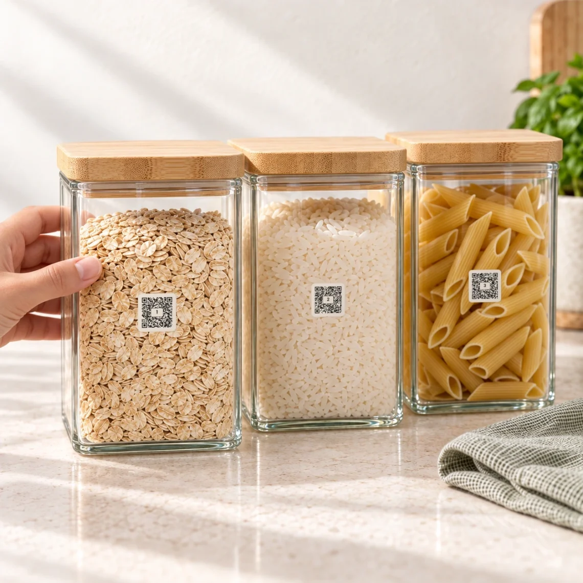 Three QR Pantry-labelled jars of oats, rice and pasta with a hand beside them.